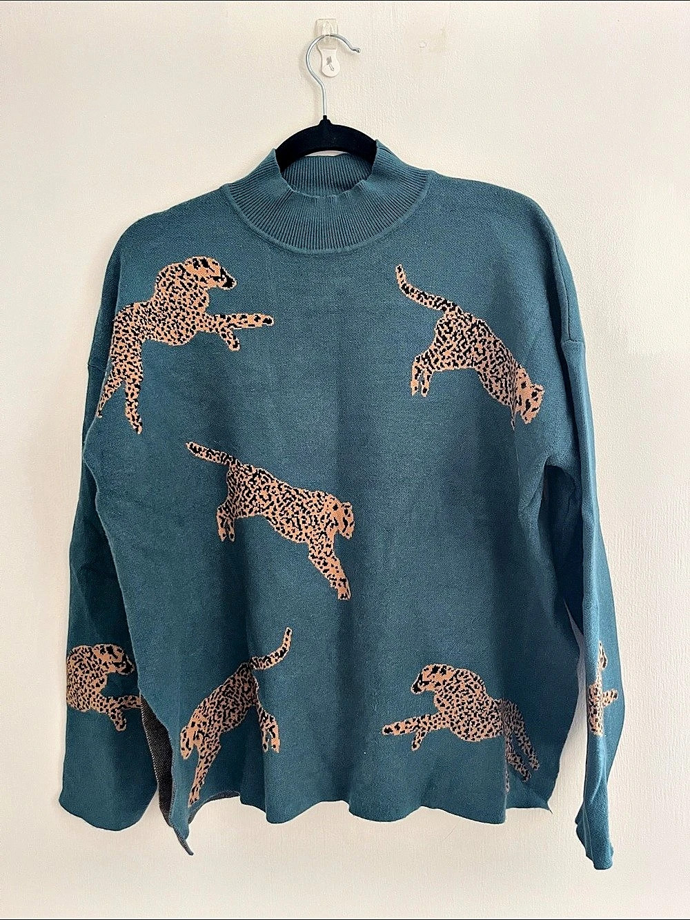 Cheetah Leopard Relaxed Fit Dark Green Split Hem Sweater Mock Neck Sweater